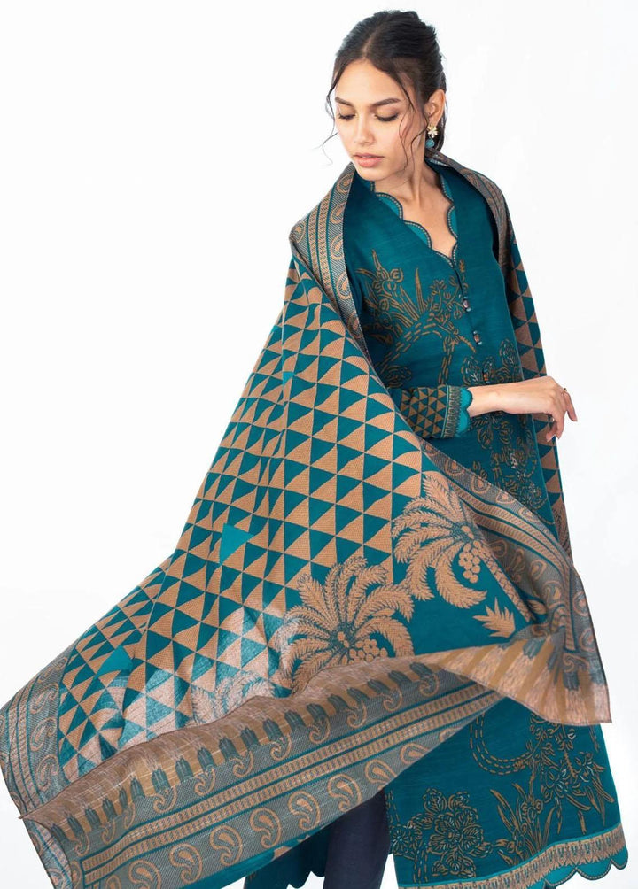 Al Karam Printed Khaddar Suits Unstitched 3 Piece AK22W FW-15-22-Teal - Winter Collection