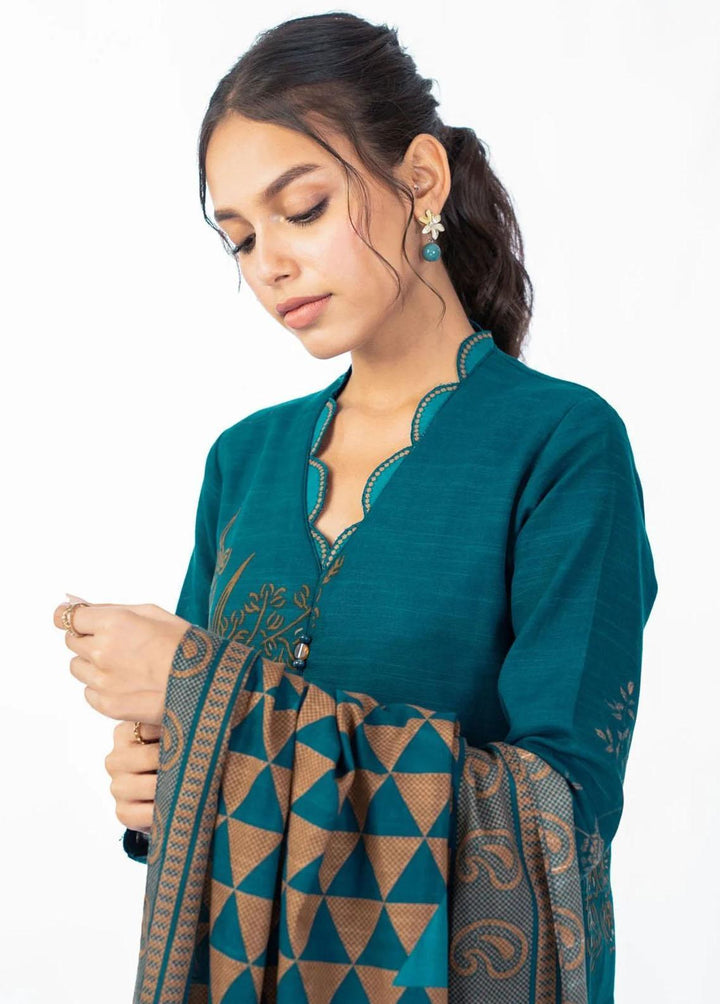 Al Karam Printed Khaddar Suits Unstitched 3 Piece AK22W FW-15-22-Teal - Winter Collection