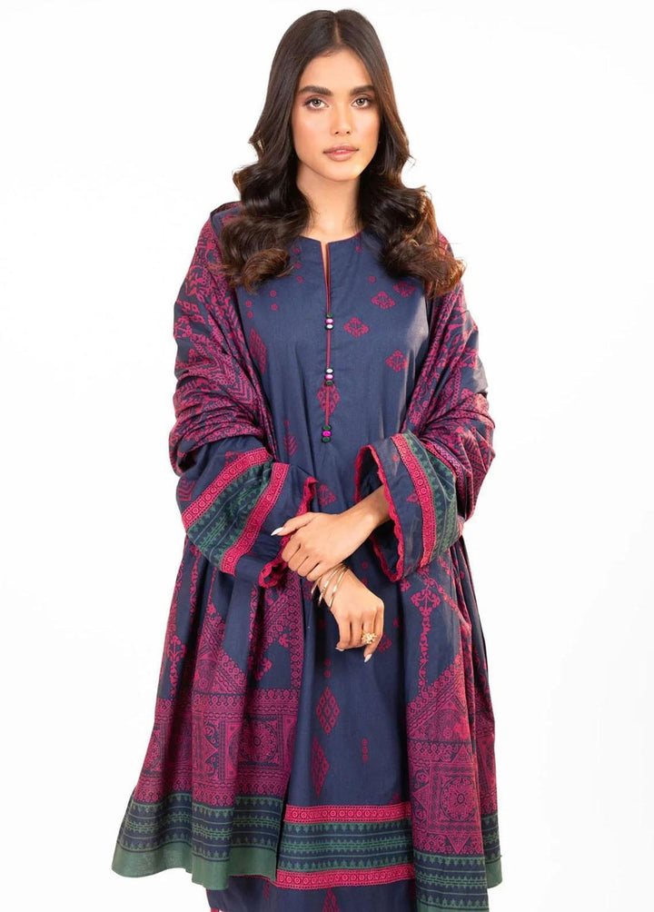 Al Karam Printed Fibre Suits Unstitched 3 Piece AK22W FW-16.1-22-Blue - Winter Collection