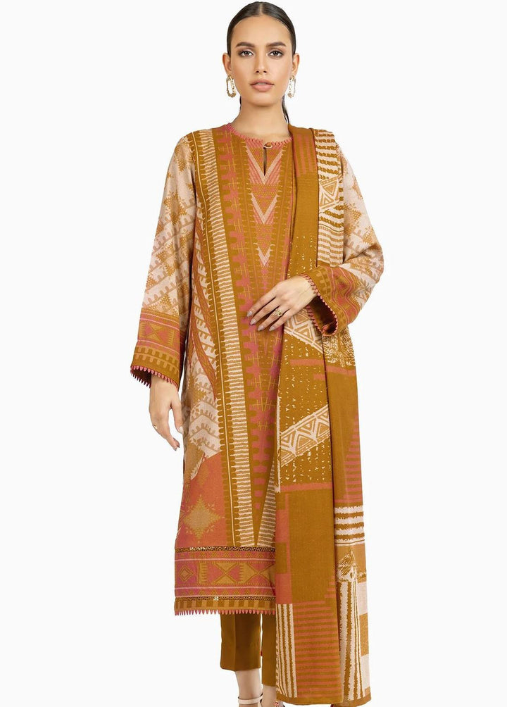 Al Karam Printed Dhanak Suits Unstitched 3 Piece AK22W FW-18-22-Mustard - Winter Collection