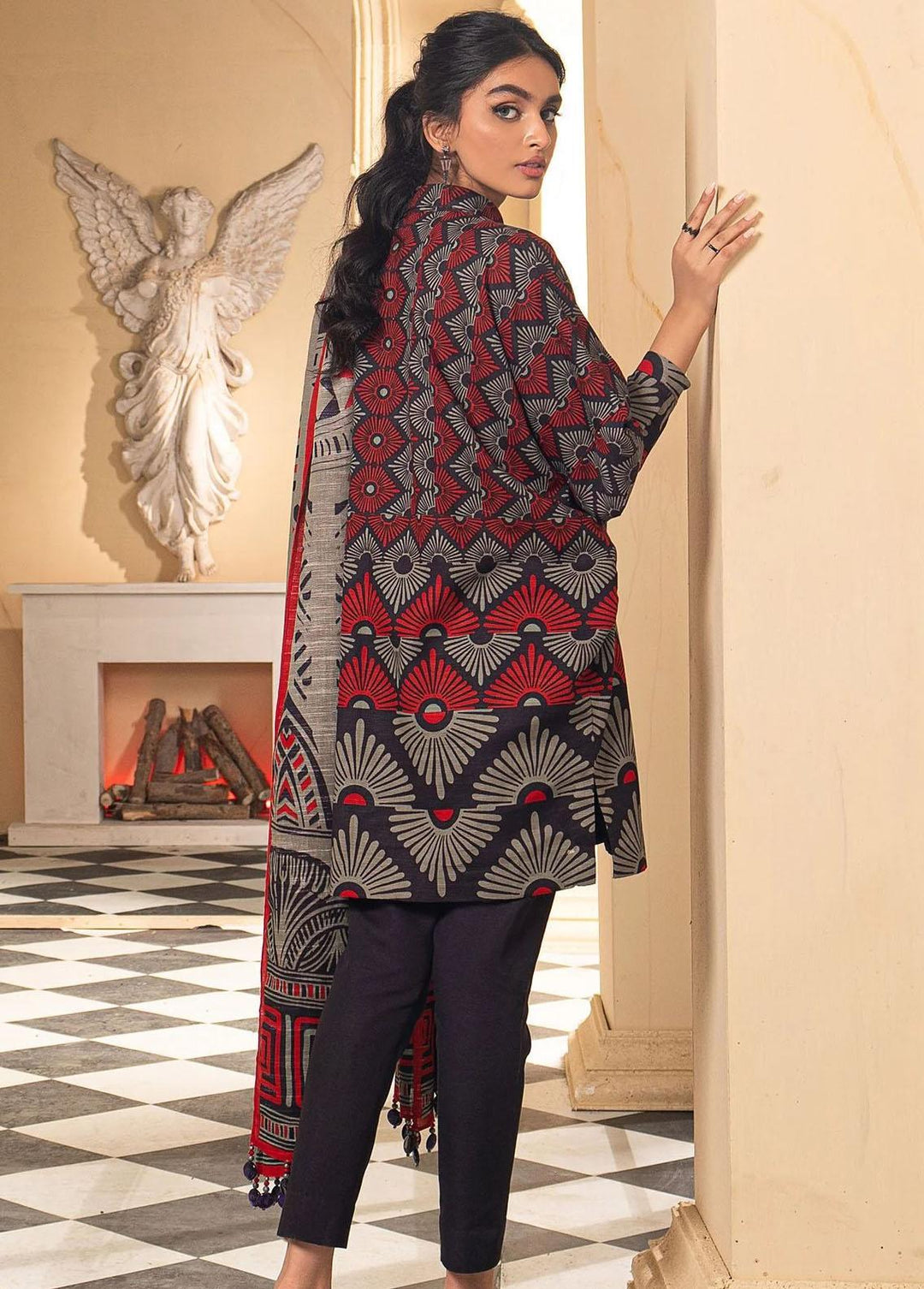 Al Karam Printed Khaddar Suits Unstitched 3 Piece AK22W FW-21-22-Black - Winter Collection