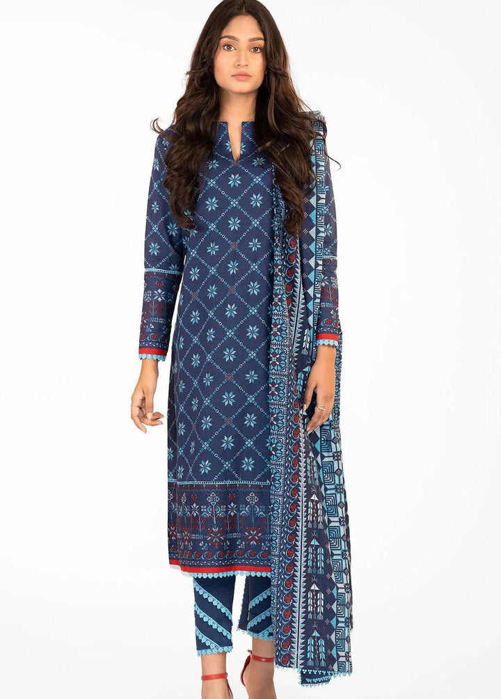 Al Karam Printed Khaddar Suits Unstitched 3 Piece AK22W FW-21.1-22-Blue - Winter Collection