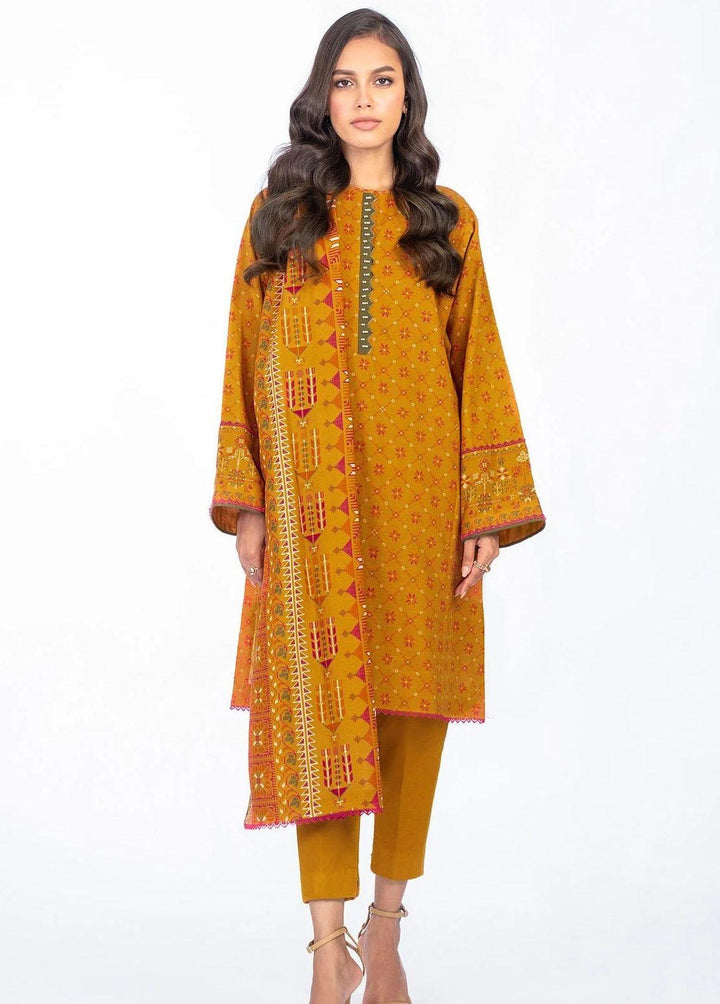 Al Karam Printed Khaddar Suits Unstitched 3 Piece AK22W FW-21.1-22-Orange - Winter Collection