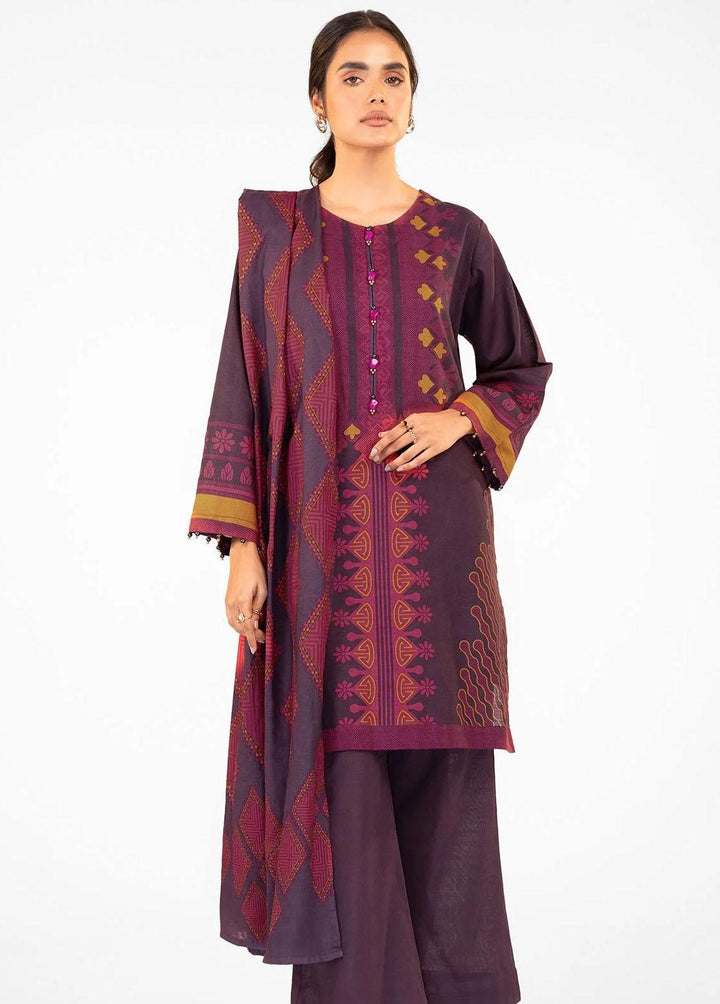 Al Karam Printed Khaddar Suits Unstitched 3 Piece AK22W FW-22-22-Aubergine - Winter Collection
