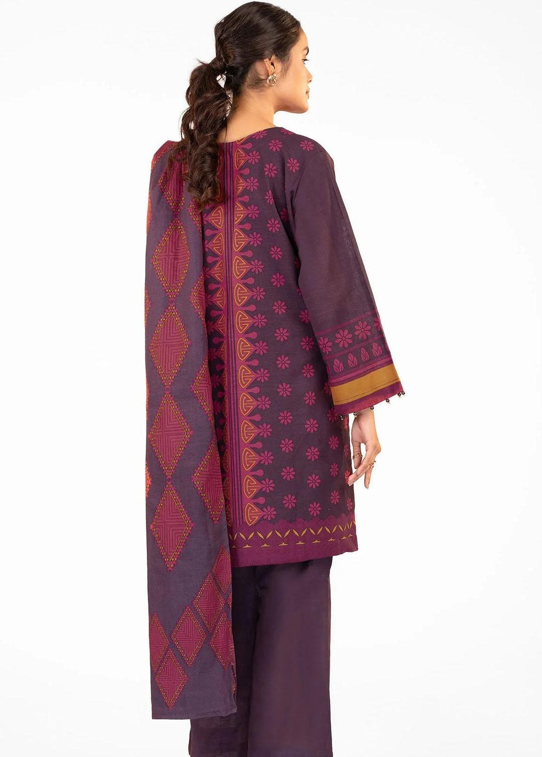 Al Karam Printed Khaddar Suits Unstitched 3 Piece AK22W FW-22-22-Aubergine - Winter Collection