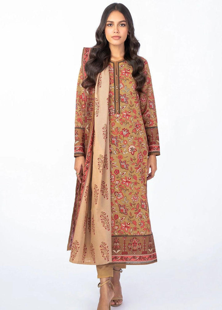 Al Karam Printed Khaddar Suits Unstitched 3 Piece AK22W FW-22.1-22-Beige - Winter Collection