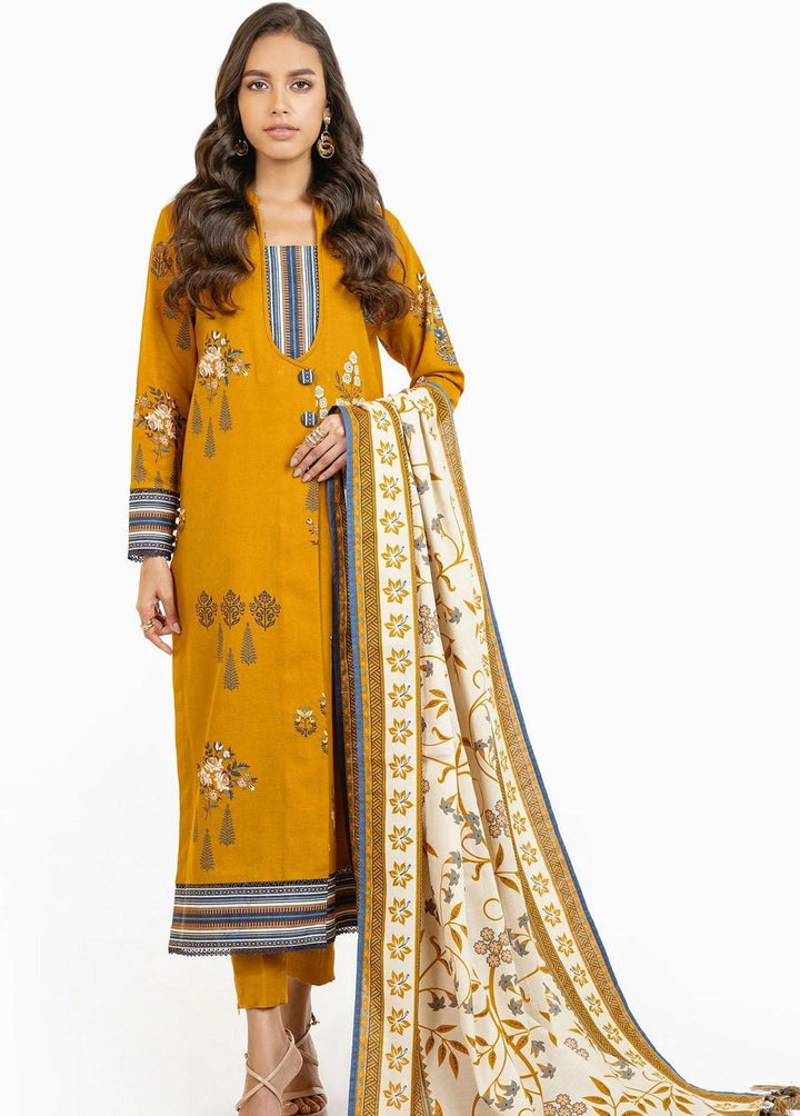Al Karam Printed Khaddar Suits Unstitched 3 Piece AK22W FW-23.1-22-Yellow - Winter Collection