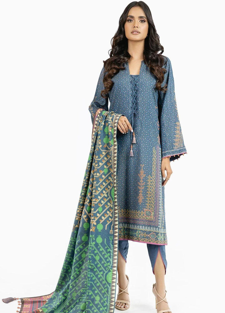 Al Karam Printed Chambray Suits Unstitched 3 Piece AK22W FW-30.1-22-Blue - Winter Collection