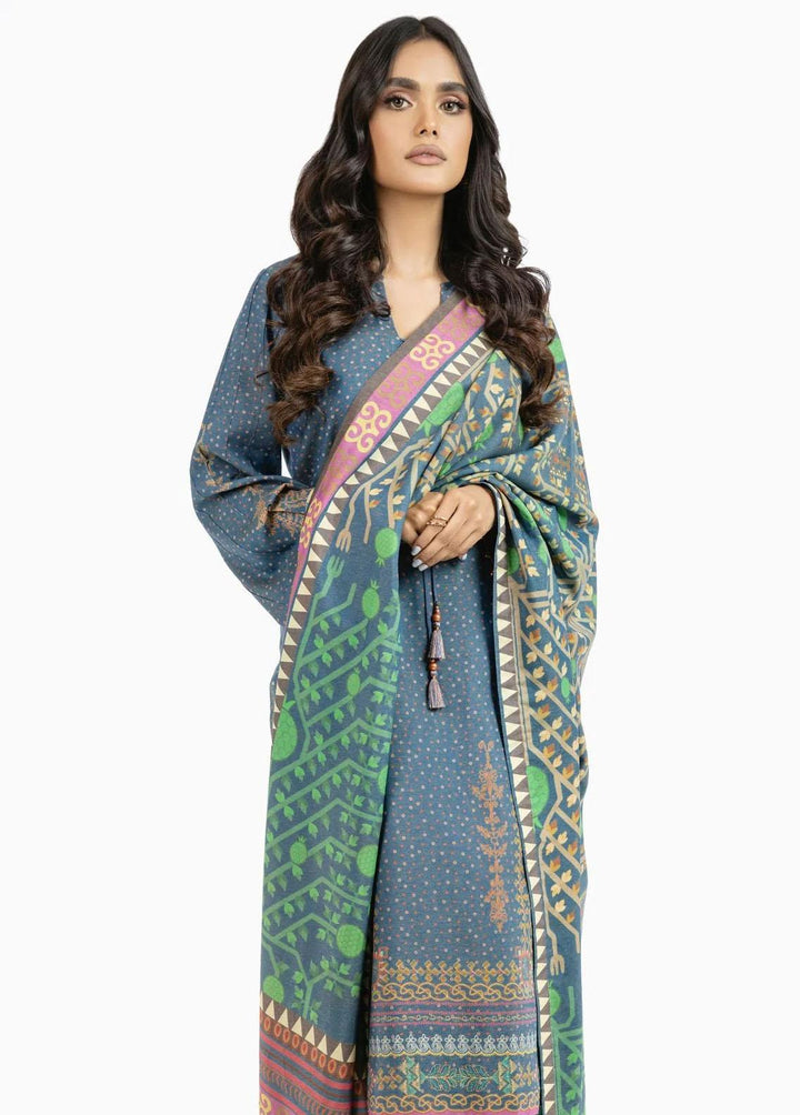 Al Karam Printed Chambray Suits Unstitched 3 Piece AK22W FW-30.1-22-Blue - Winter Collection