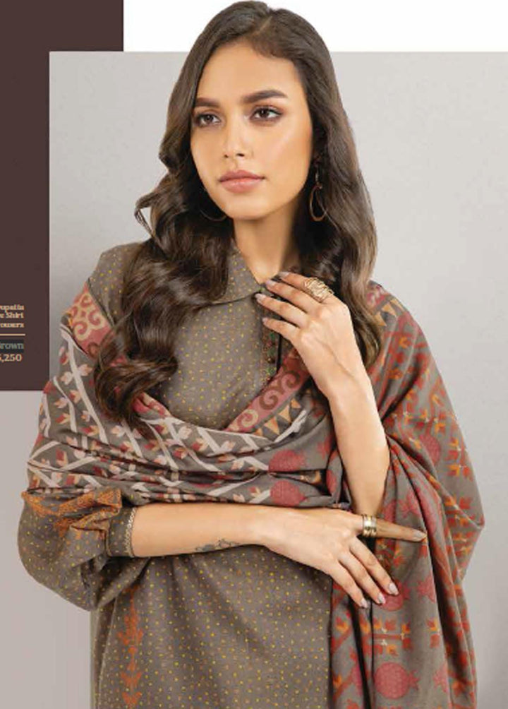 Al Karam Printed Chambray Suits Unstitched 3 Piece AK22W FW-30.1-22-Brown - Winter Collection