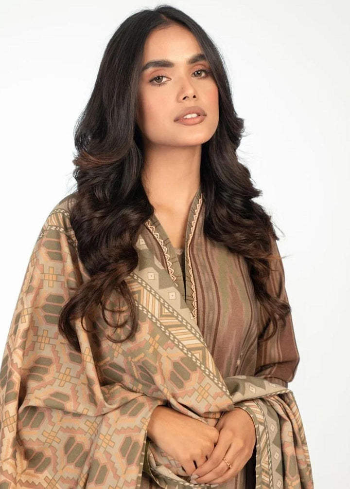 Al Karam Printed Chambray Suits Unstitched 3 Piece AK22W FW-31.1-22-Green - Winter Collection