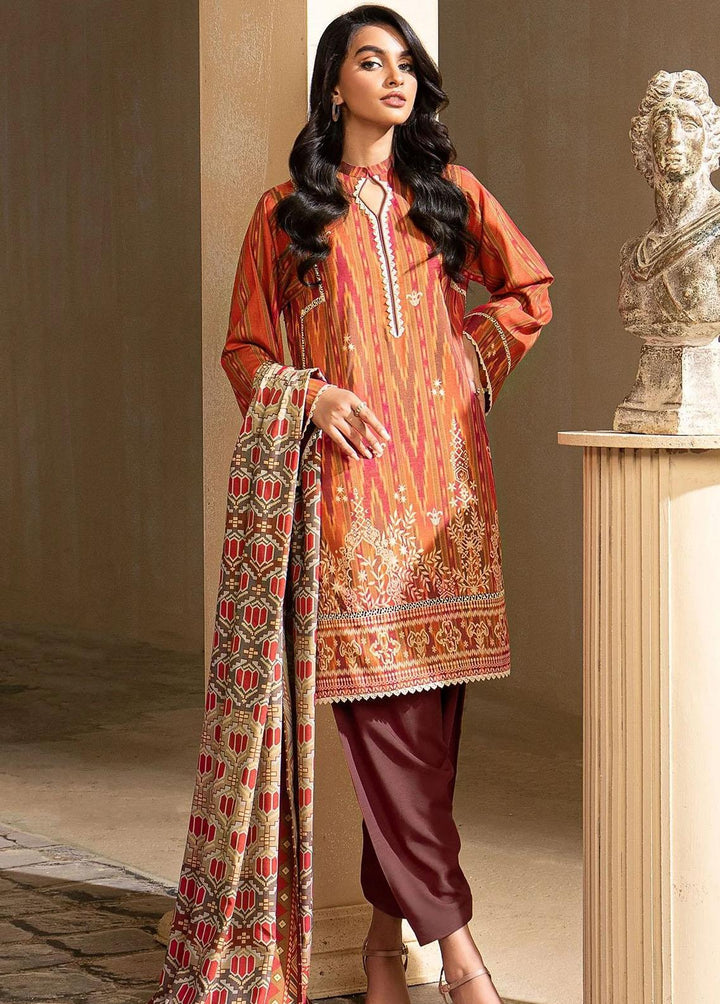 Al Karam Printed Chambray Suits Unstitched 3 Piece AK22W FW-31.1-22-Orange - Winter Collection