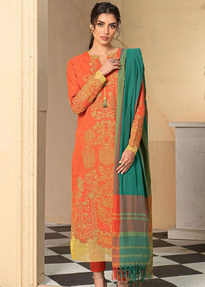 Al Karam Printed Khaddar Suits Unstitched 3 Piece AK22W FW-32-22-Orange - Winter Collection