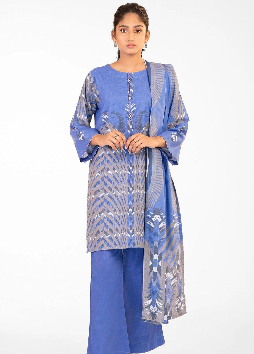 Al Karam Printed Khaddar Suits Unstitched 2 Piece AK22W FW-54-22-Blue - Winter Collection