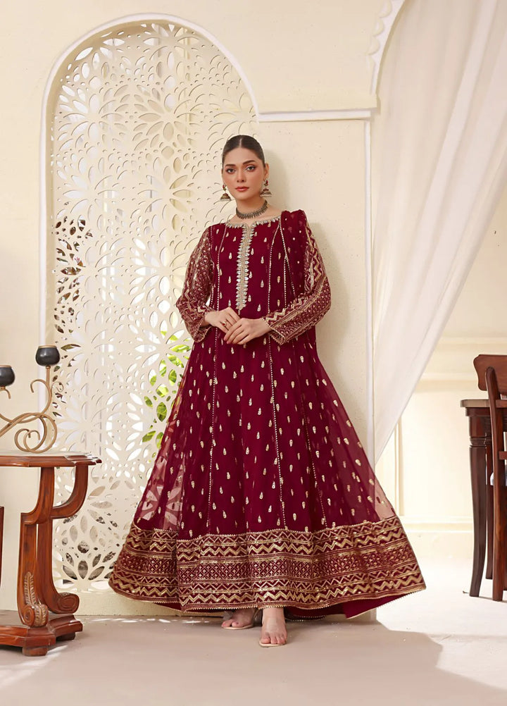 Al Siyaab Pret Embroidered Chiffon 3 Piece Suit Bahaar Mehroon