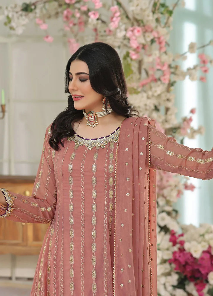 Al Siyaab Pret Embroidered Chiffon 3 Piece Suit Gulaal Tea Pink
