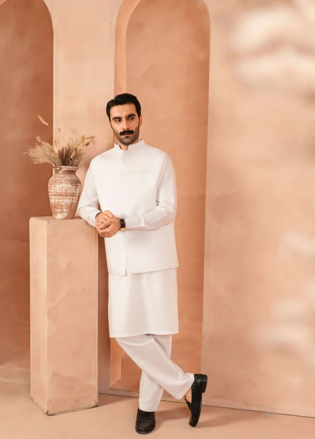 Andaaz by Sarkhail Plain Mens Kameez Trouser N Waistcoat - Ivory White
