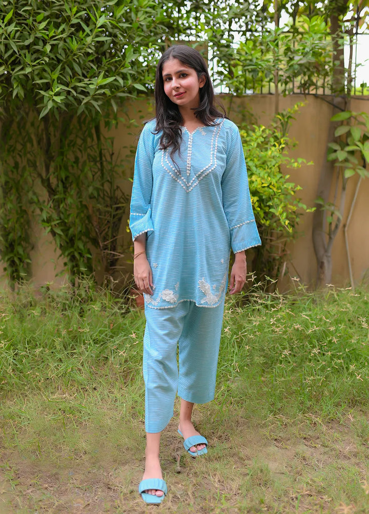 Artistic Wear Pret Appliqued Lawn 2 Piece Suit Blue Stripe
