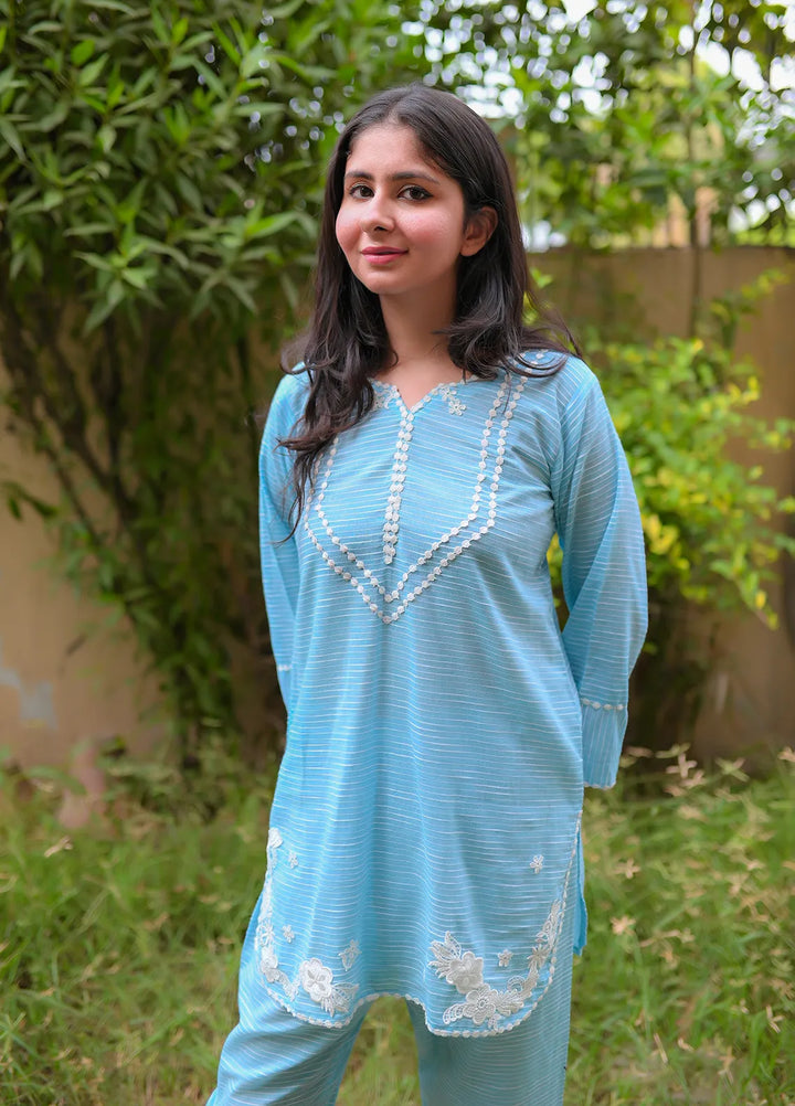 Artistic Wear Pret Appliqued Lawn 2 Piece Suit Blue Stripe