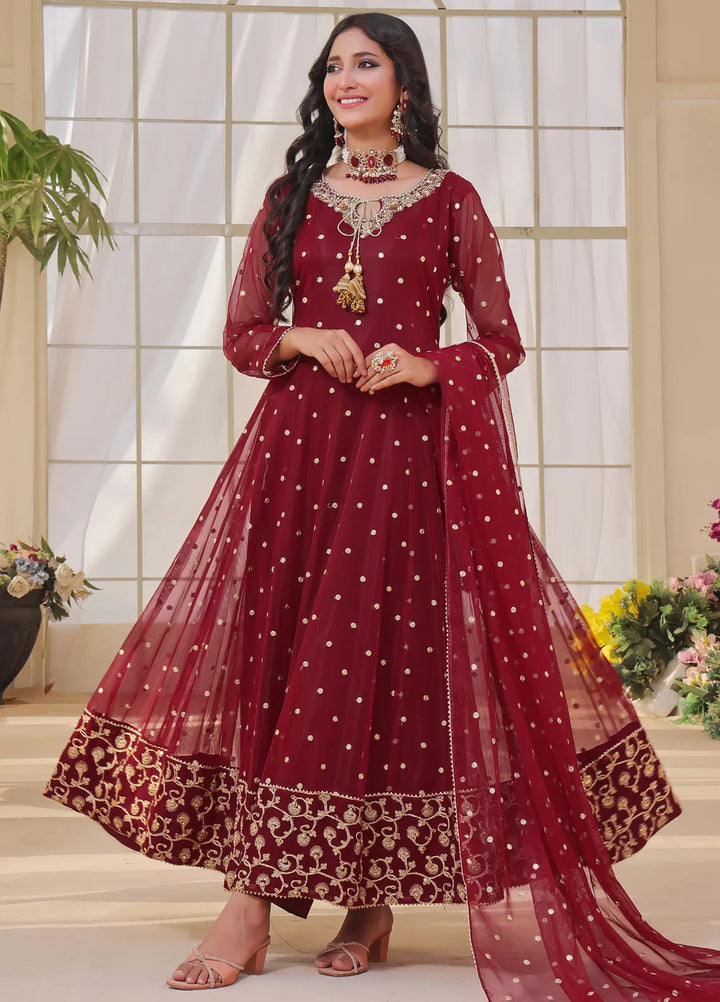 Ayesha Closet Pret Embroidered Chiffon 3 Piece Suit Jashan Mehroon