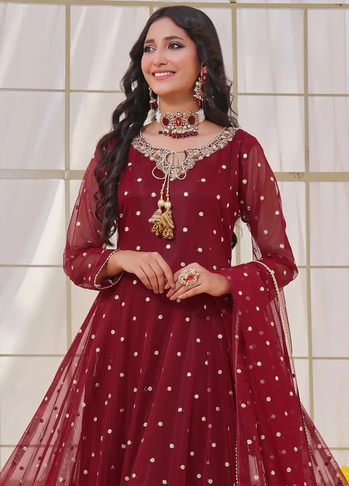 Ayesha Closet Pret Embroidered Chiffon 3 Piece Suit Jashan Mehroon