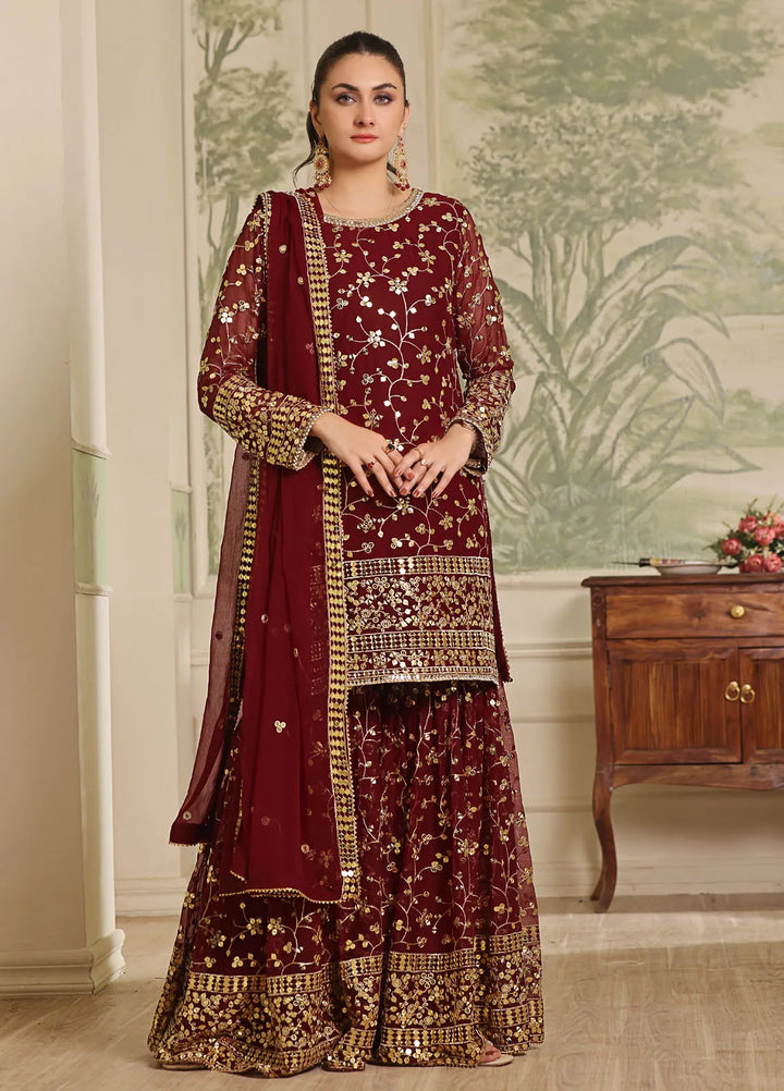 Ayesha Closet Pret Embroidered Chiffon 3 Piece Suit Mendhi Cherry Red