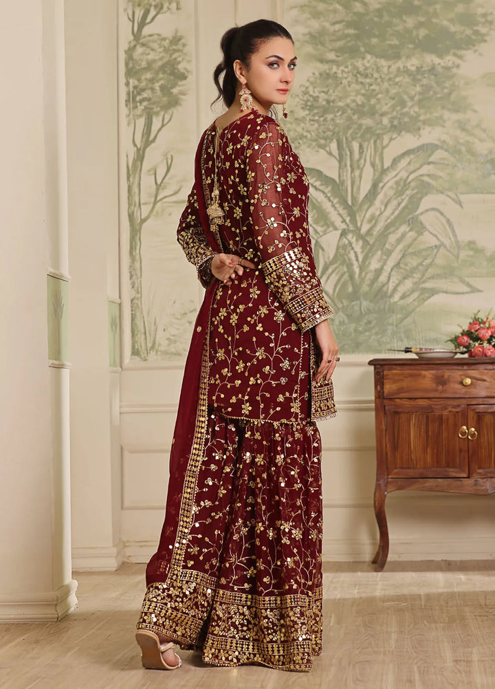 Ayesha Closet Pret Embroidered Chiffon 3 Piece Suit Mendhi Cherry Red