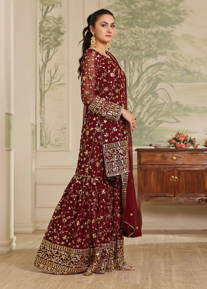 Ayesha Closet Pret Embroidered Chiffon 3 Piece Suit Mendhi Cherry Red