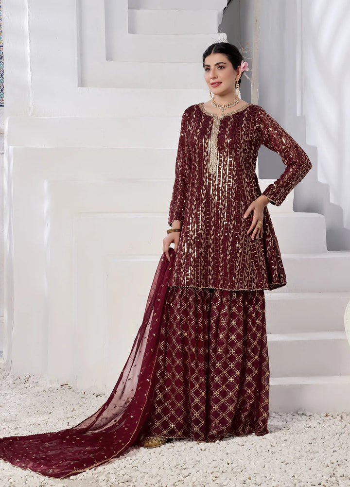 Ayesha Closet Pret Embroidered Chiffon 3 Piece Suit Pershy Gul Mehroon