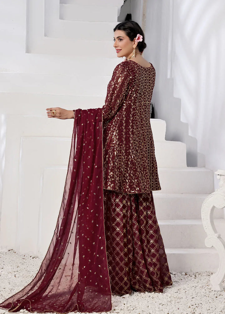 Ayesha Closet Pret Embroidered Chiffon 3 Piece Suit Pershy Gul Mehroon