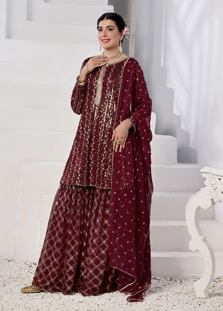 Ayesha Closet Pret Embroidered Chiffon 3 Piece Suit Pershy Gul Mehroon