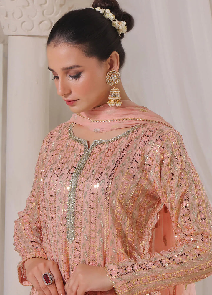 Ayesha Closet Pret Embroidered Chiffon 3 Piece Suit Pershy Gul Pastel Pink