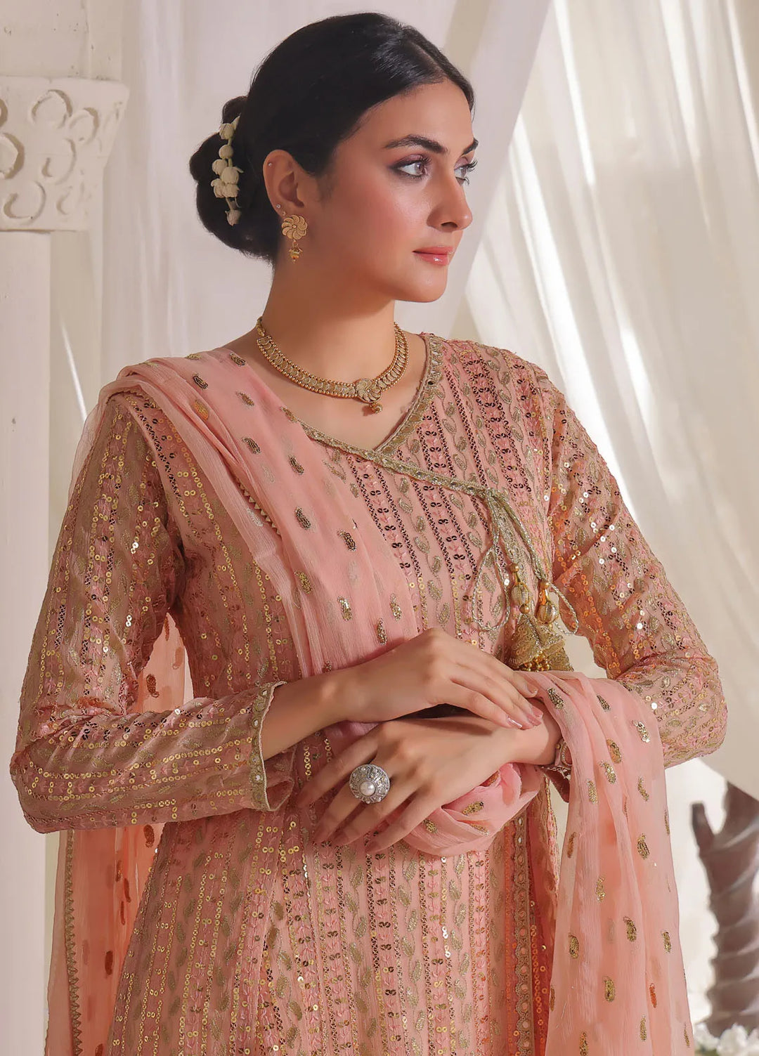 Ayesha Closet Pret Embroidered Chiffon 3 Piece Suit Resham Blush Pink
