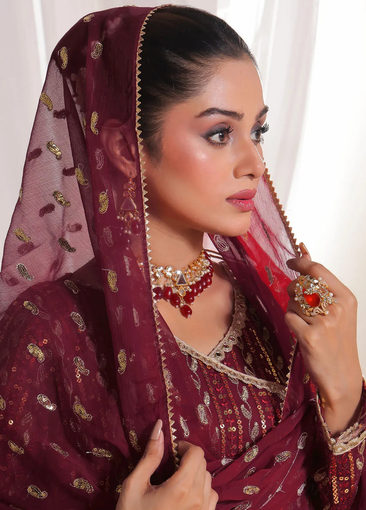 Ayesha Closet Pret Embroidered Chiffon 3 Piece Suit Resham Maroon