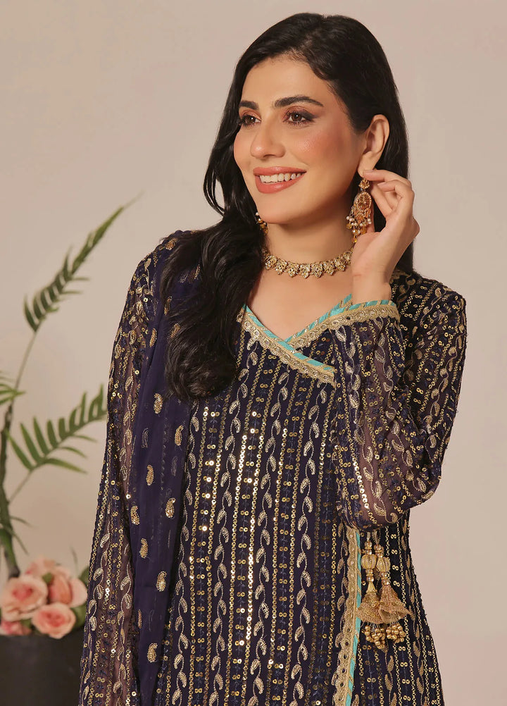 Ayesha Closet Pret Embroidered Chiffon 3 Piece Suit Resham Navy Blue