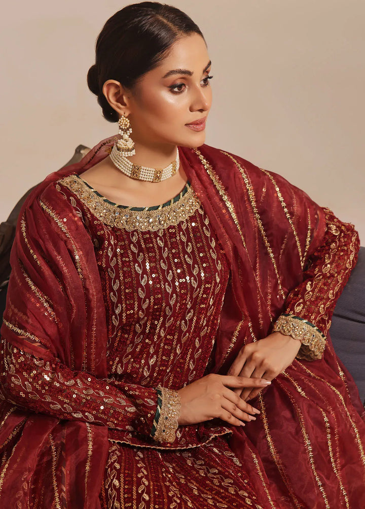 Ayesha Closet Pret Embroidered Chiffon 3 Piece Suit Shadmani Mahroon