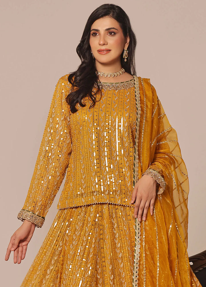 Ayesha Closet Pret Embroidered Chiffon 3 Piece Suit Shadmani Mustard