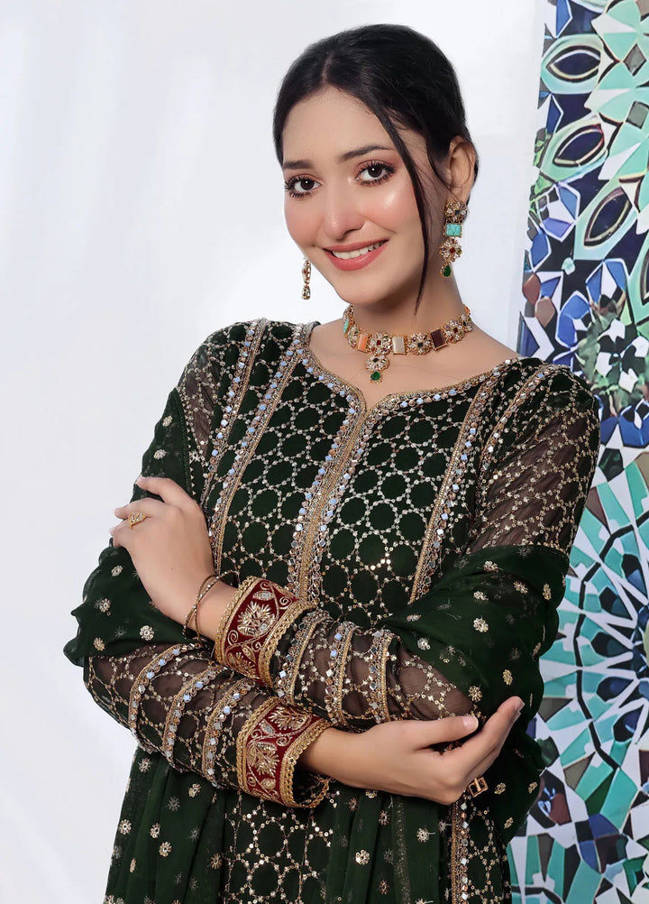 Ayesha Closet Pret Embroidered Chiffon 3 Piece Suit Shahzadi Bottle Green