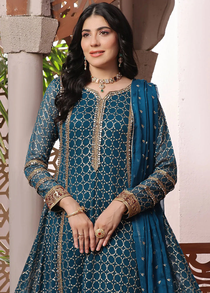 Ayesha Closet Pret Embroidered Chiffon 3 Piece Suit Shahzadi Teal Blue