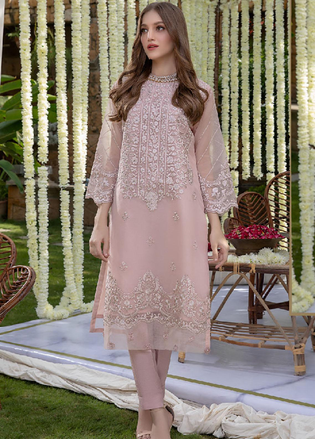 Azure Embroidered Organza  Unstitched Kurties AZU21LF AZK-152 Tea Pink - Luxury Formal Collection