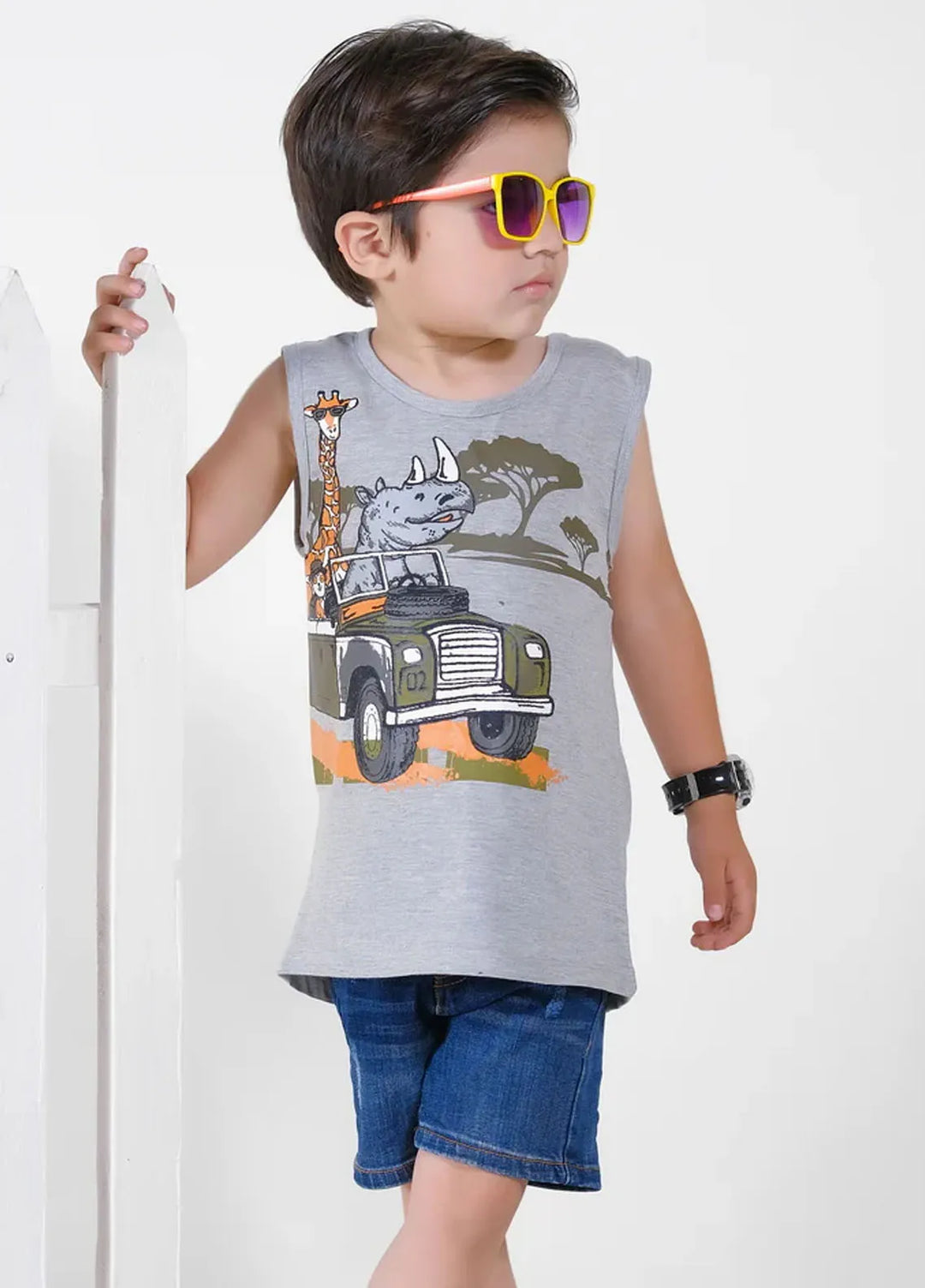 Baby Nest Boys Sando Giraffe And Rhino Ride Light Gray