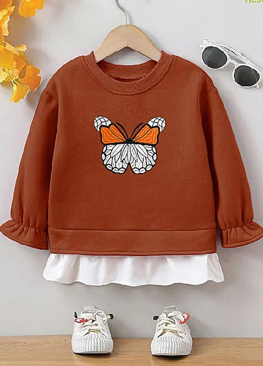 Baby Nest Butterfly Drop Shoulder Sweatshirt For Girls Brown-1342