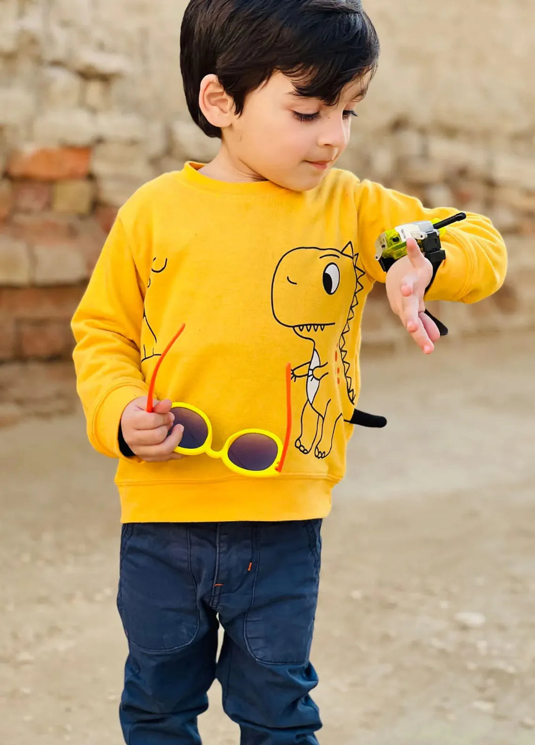Baby Nest Dino Terry Sweatshirt For Kids With 3D Tail Yellow-1327