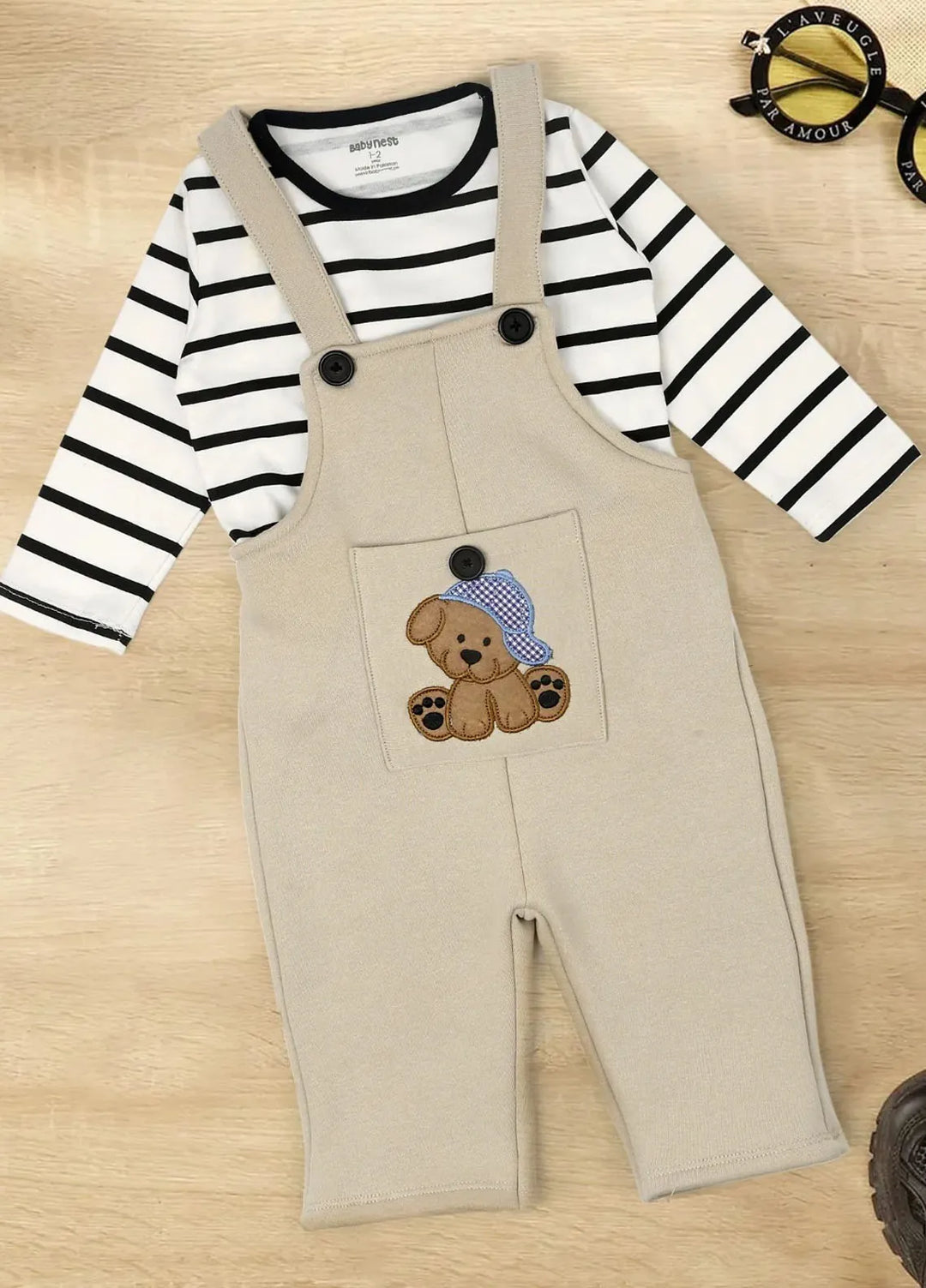 Baby Nest Dungaree And Full Sleeves T Shirt Set Beige-1334