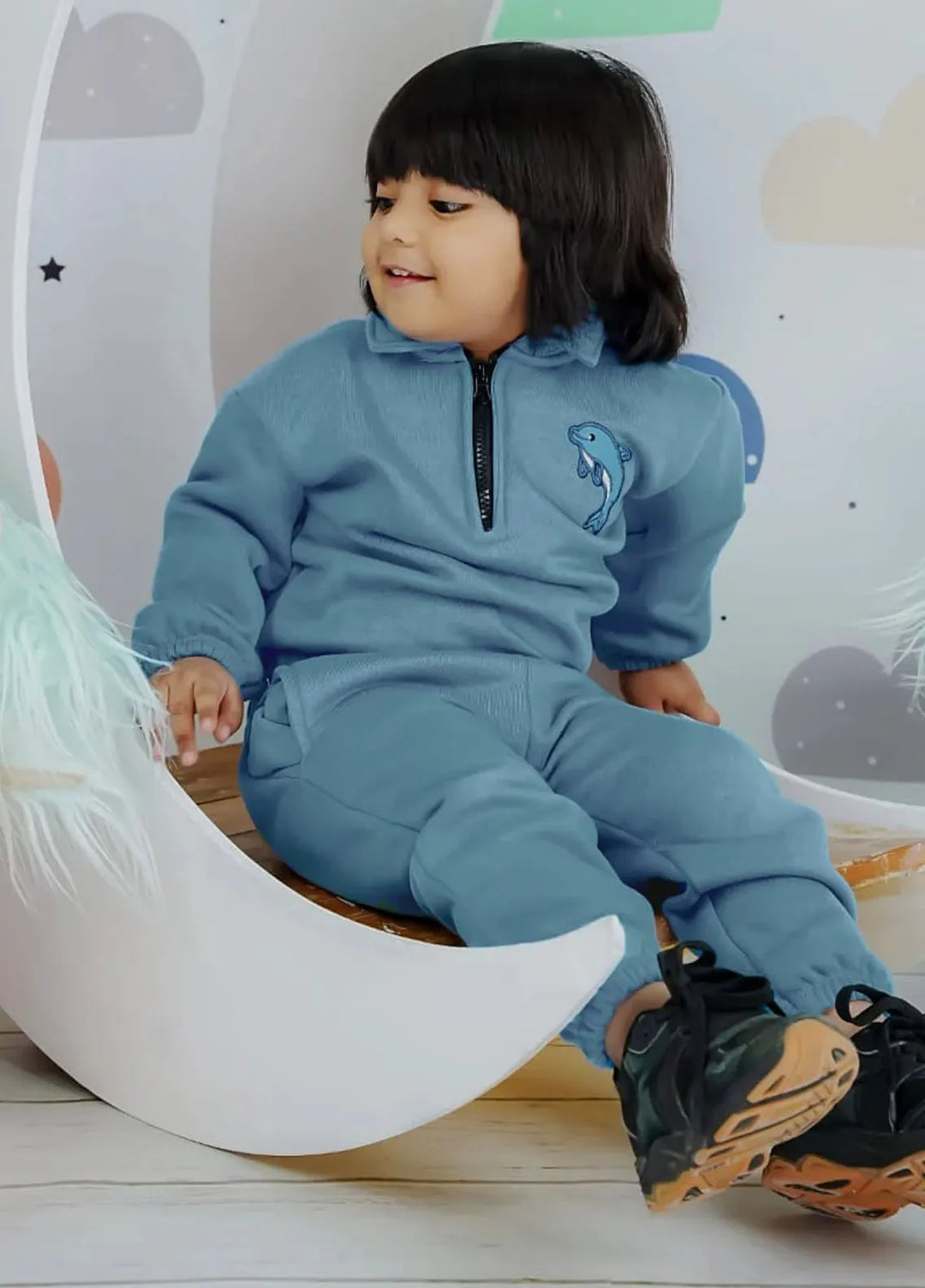 Baby Nest Embroidery Fleece Sweatshirt With Sweatpants Dolphin Blue Kids Wear 2 Pc Set-1317