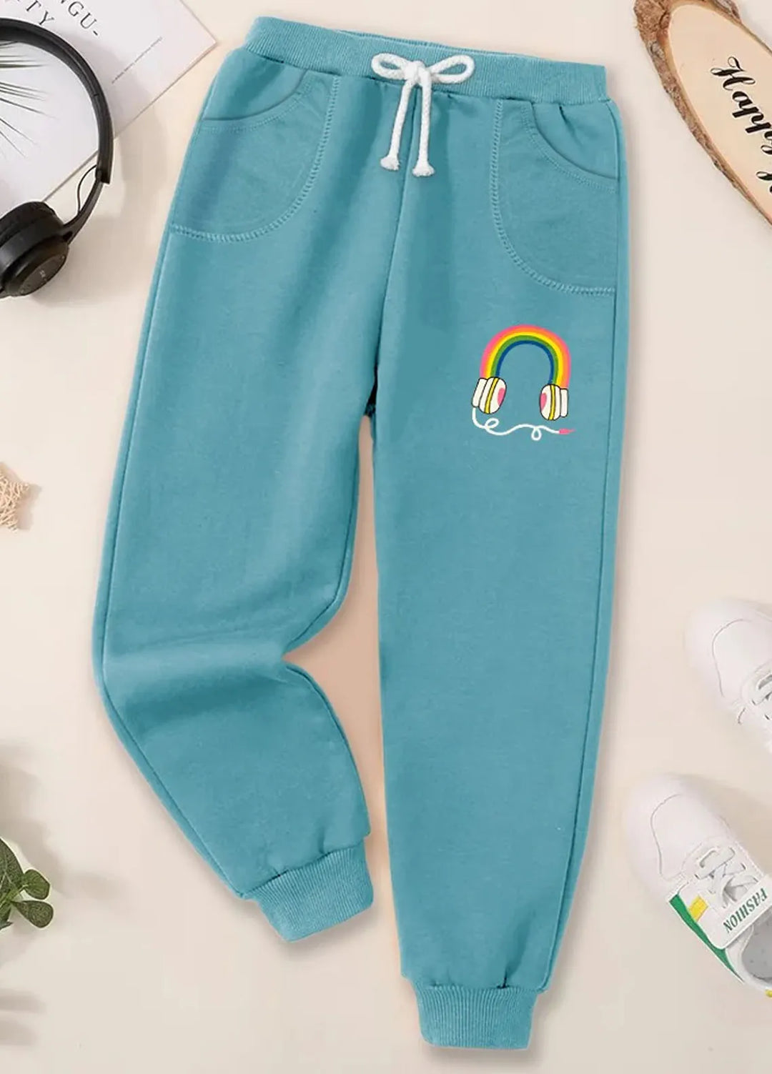 Baby Nest Fleece Jogger Pants For Kids Rainbow Headphones Light Blue-BNDR-30