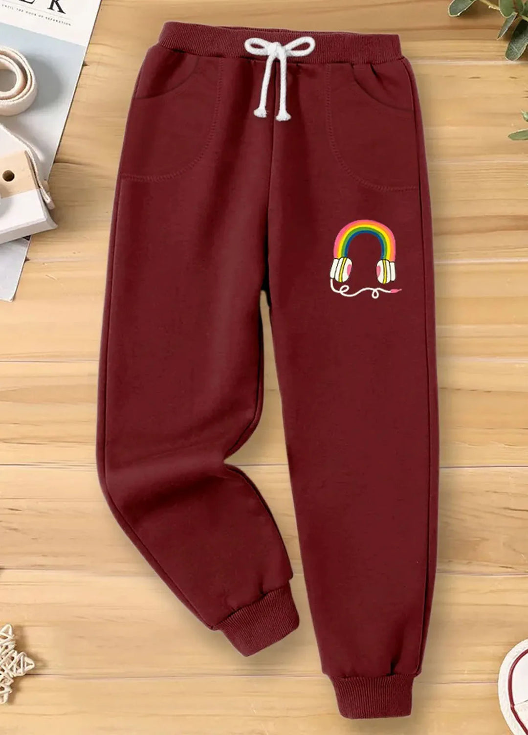 Baby Nest Fleece Jogger Pants For Kids Rainbow Headphones Maroon-BNDR-32