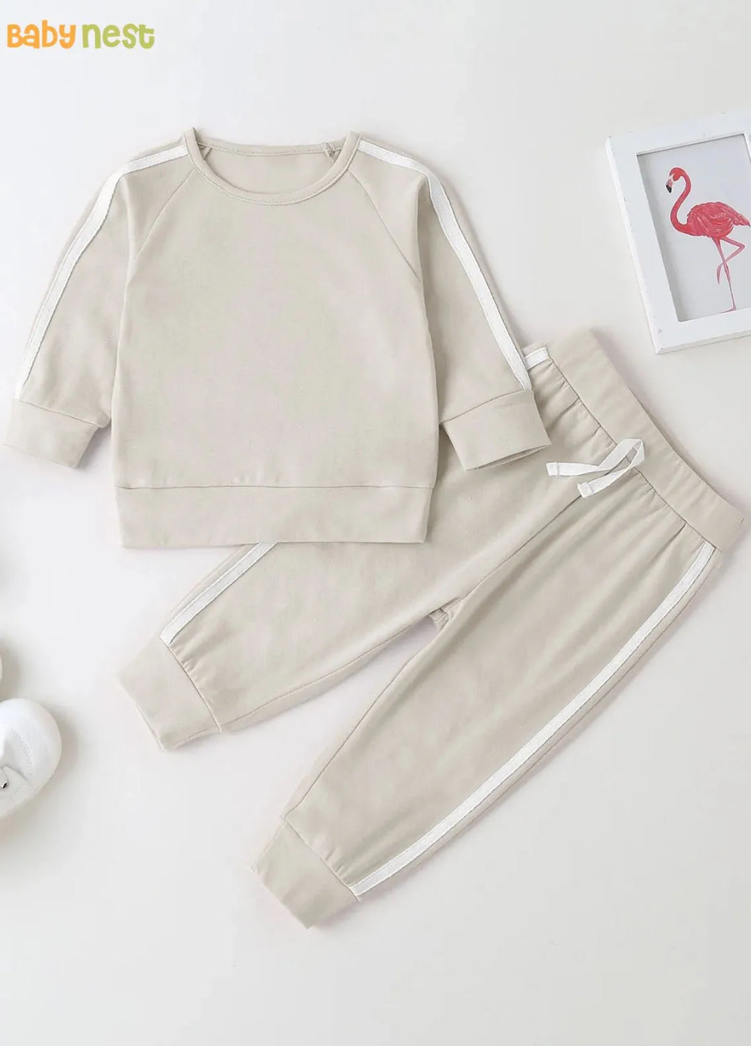 Baby Nest Fleece Sweatshirt With Sweatpants Beige Kids Wear 2 Pc Set-1313