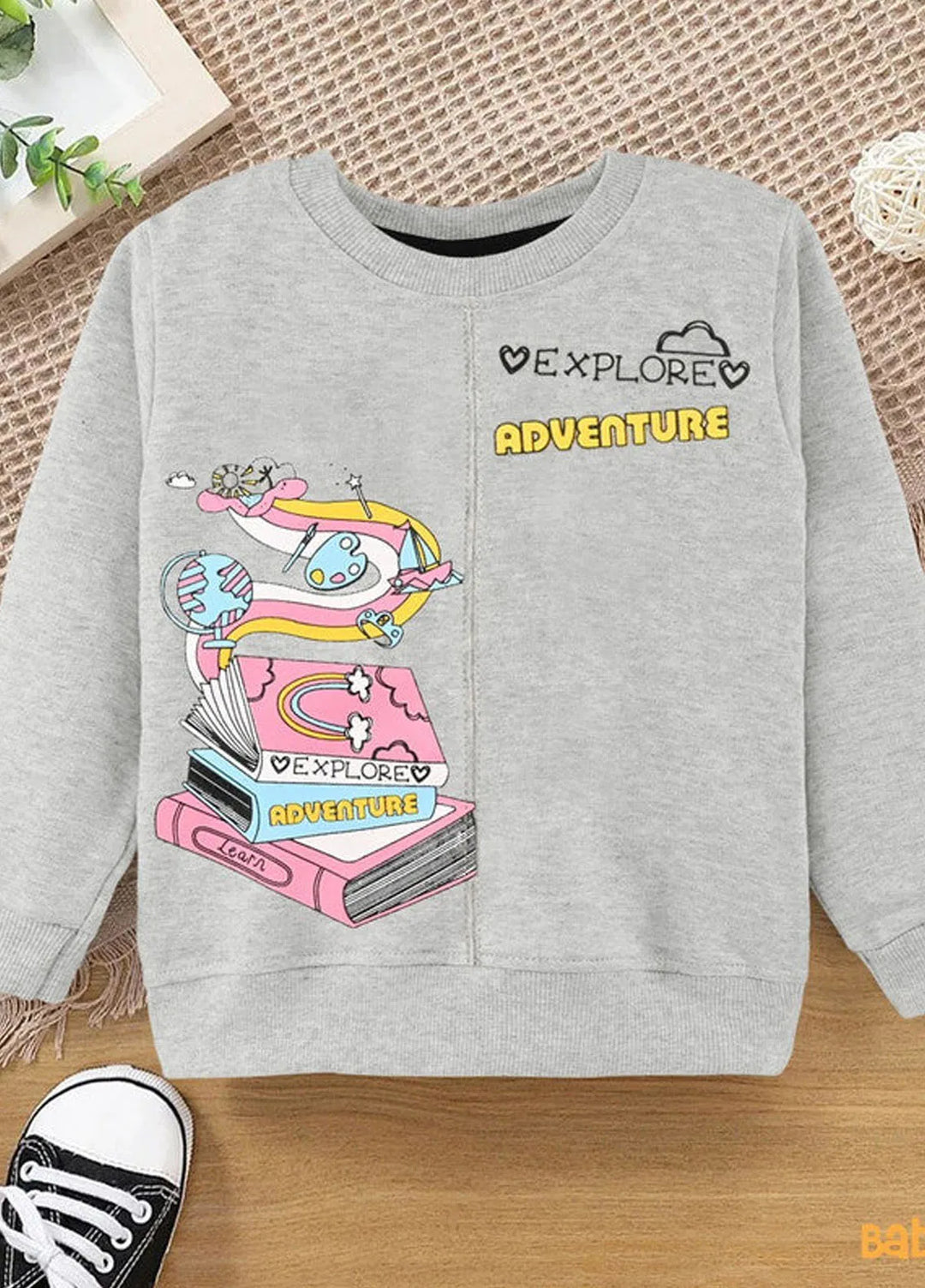 Baby Nest Full Sleeve Explore Adventure Printed Sweatshirt For Kids Grey-1306