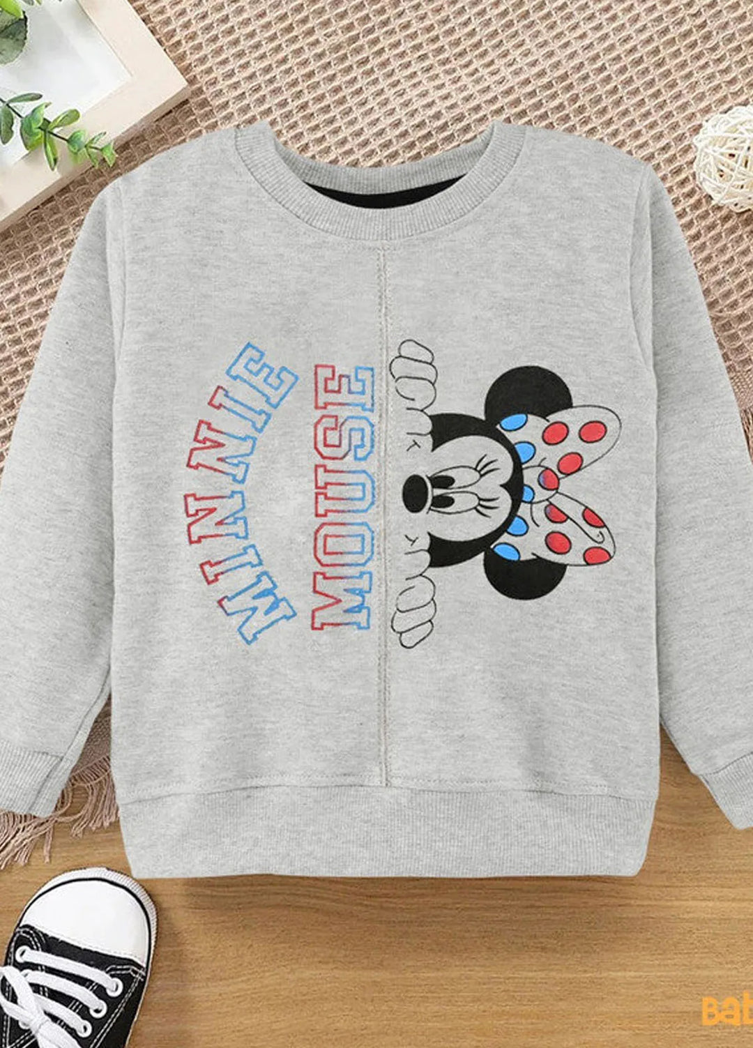 Baby Nest Full Sleeve Minnie Mouse Hide Seek Printed Sweatshirt For Kids Grey-1305